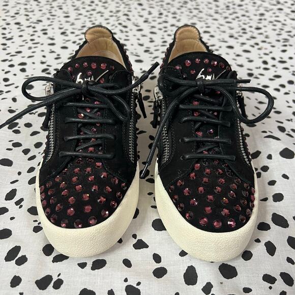 Giuseppe Zanotti | Crystal Magenta Pink Black Suede Low Top Designer Sneakers 38 - Picture 3 of 9